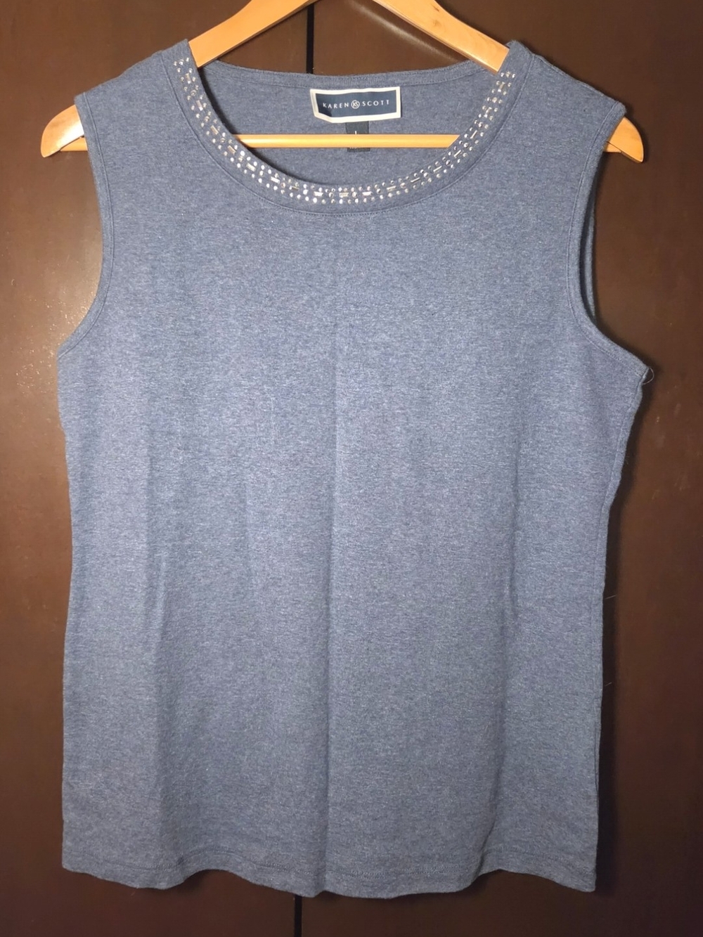 Karen Scott Sleeveless Embellished Neck Blue Tank Top Women Size Large